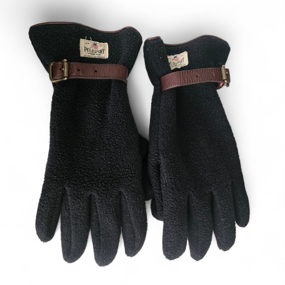 Vintage Polo Sport Ralph Lauren Fleece Gloves Leather Strap Y2K - Picture 1 of 8